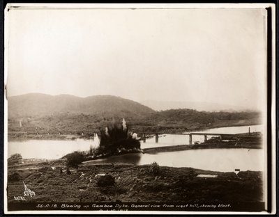 View of the explosion from blowing up the Gamboa Dike during the construction of the Panama Canal, 1913 by Byron Company